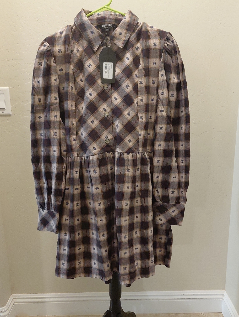 Disturbia US16 UK20 Brown and Cream Check Mini Shirt Dress Long Sleeves